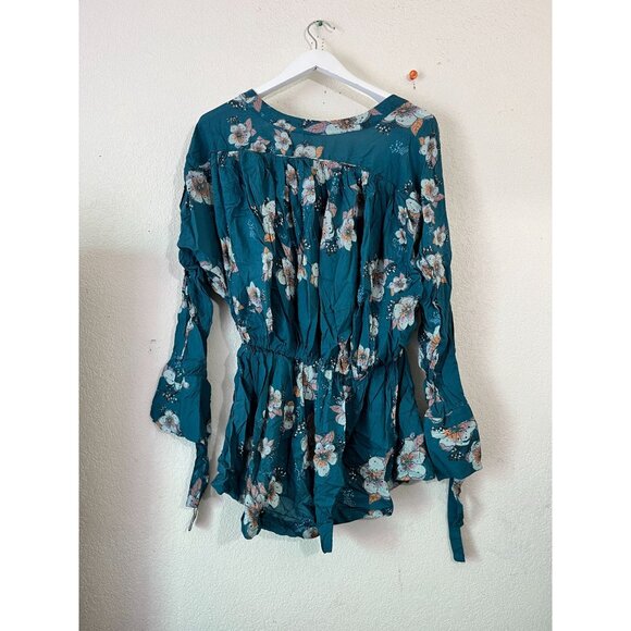 Free People Tuscan Dreams Printed Tunic Blouse Top Womens Medium Teal Floral - Picture 4 of 11
